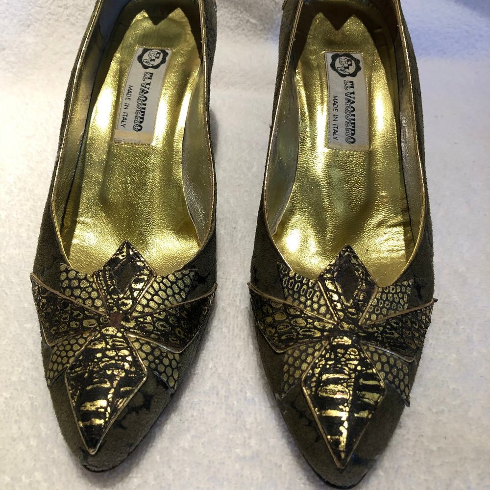 EL VAQUERO ITALIAN HEELS BEAUTIFUL GREEN GOLD WOW!